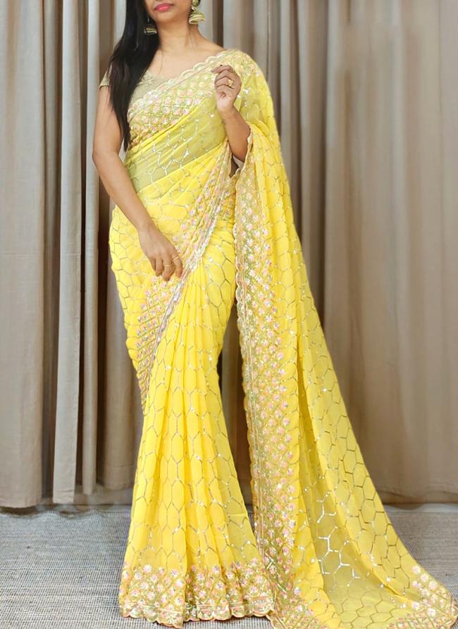 Georgette Yellow Party Wear Sequence Work Saree